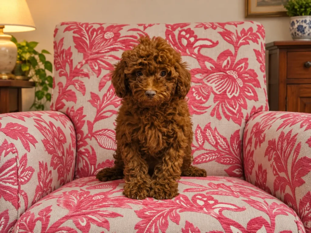 Malcon, cachorro de caniche toy rojo macho sentado en un sillón