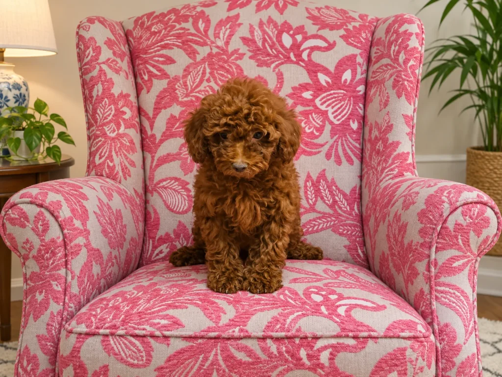 Malcon, cachorro de caniche toy rojo macho sentado y atento