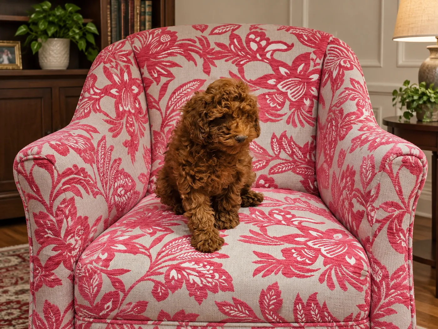 Marti, cachorro de caniche toy rojo macho sentado en un sillón