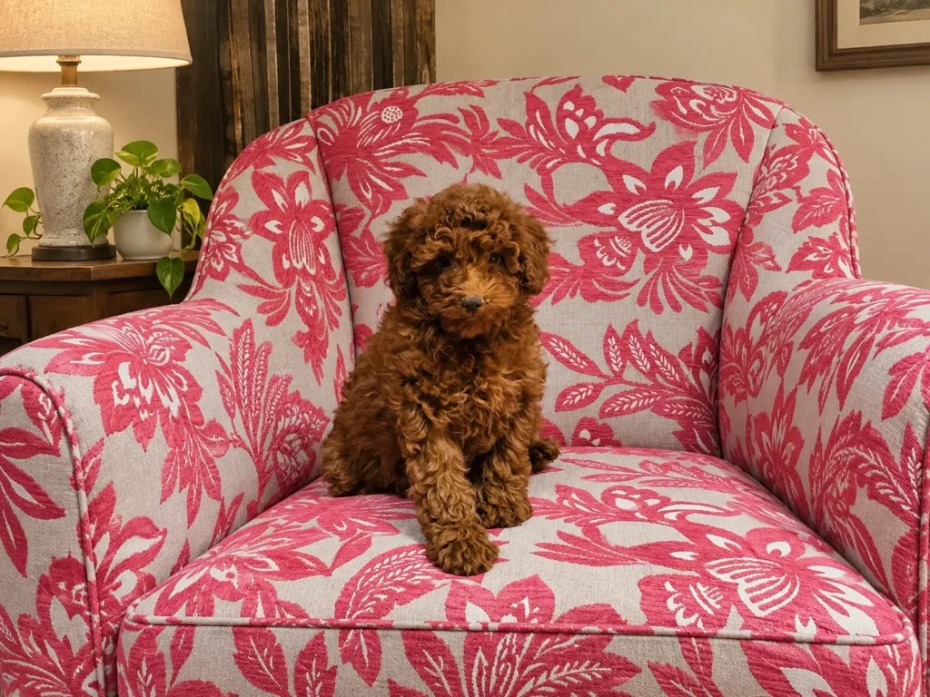 Marti, cachorro de caniche toy rojo macho sentado y atento