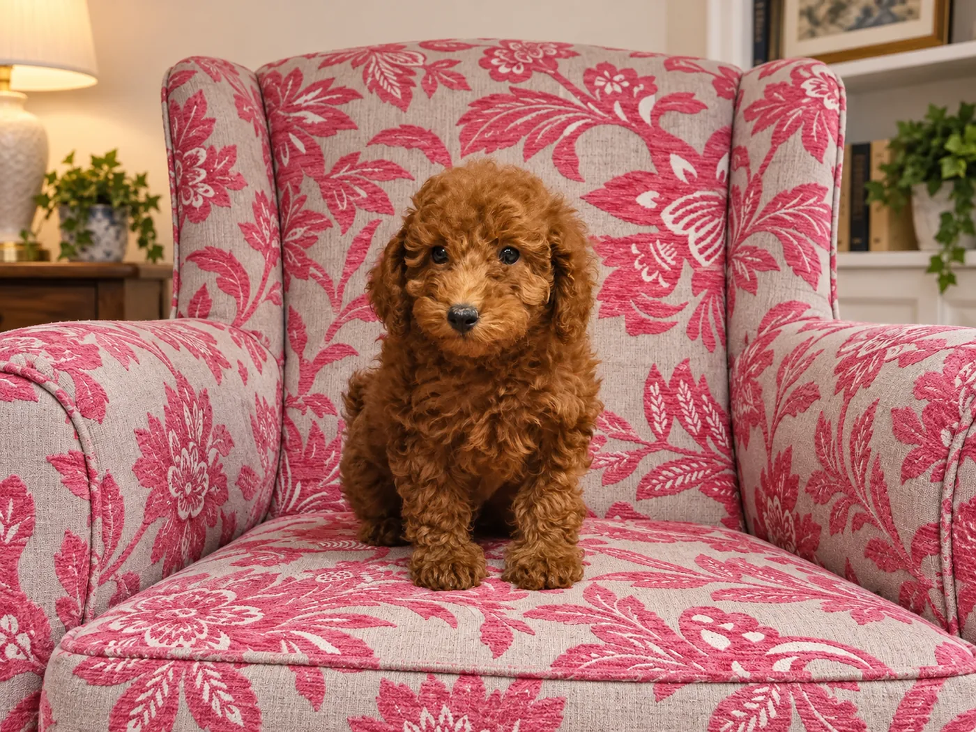 Mofi, cachorro de caniche toy rojo macho sentado en un sillón