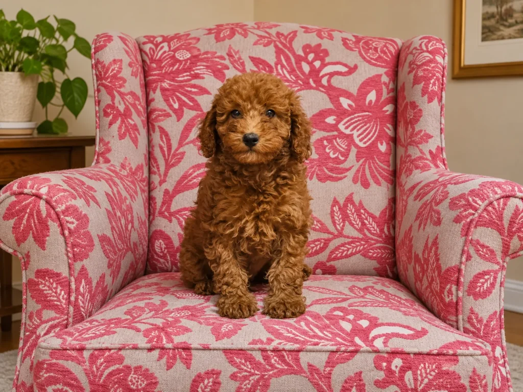 Mofi, cachorro de caniche toy rojo macho sentado y atento