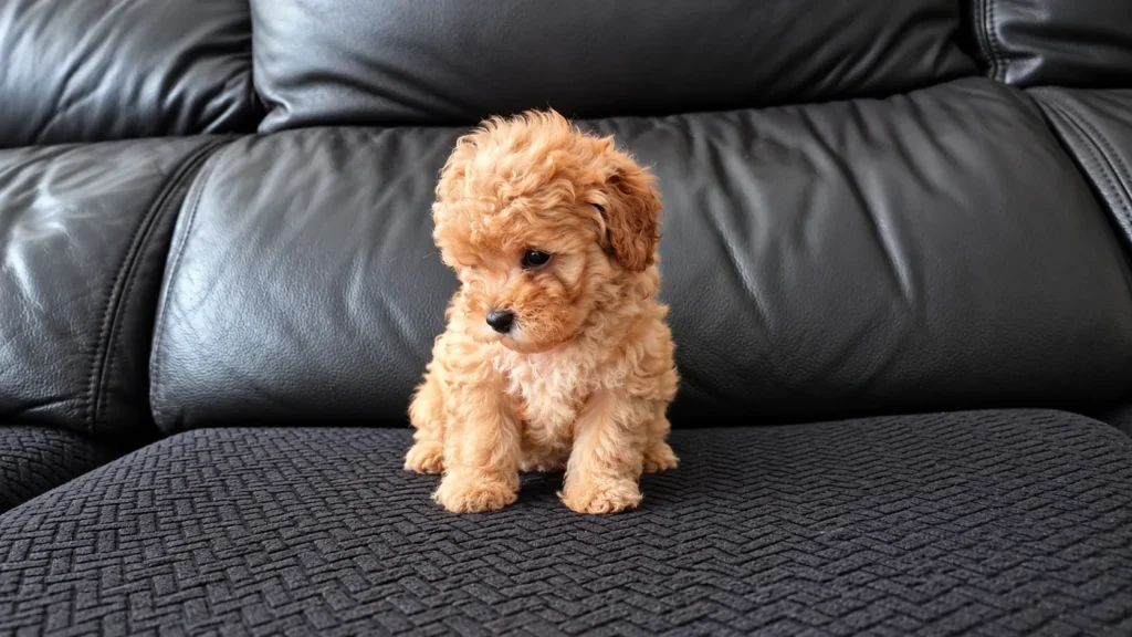 Mora, cachorra de Caniche Toy apricot sentada en un sofá